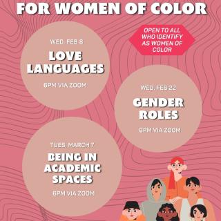 Multicolored poster listing Women of Color Circles for February & March.