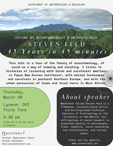 A poster with details about Steven Feld's talk at Amherst College.
