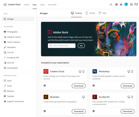 Adobe app download page