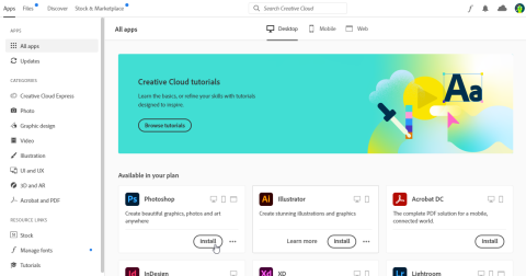Creative Cloud Application Selection Window