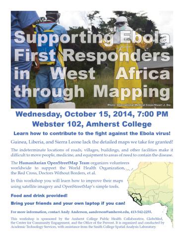 A poster with images of a map of Africa showing where Ebola has been found, and a photo of an aid worker wearing infectious disease garb.