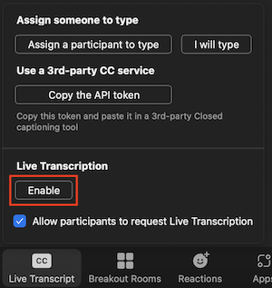 Screenshot of menu showing where to click on Enable, to enable Live Transcript