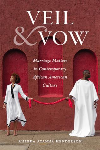 A book cover titled Veil and Vow with two people dressed in white holding a red rope