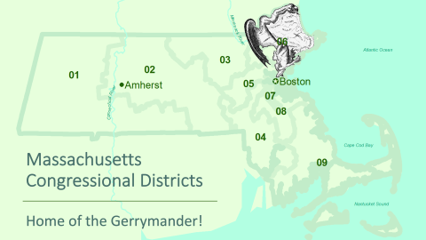 A map of Massachusetts showing its Congressional Districts, with the original gerrymander on top.