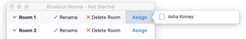 Screenshot of "Assign" option for a Breakout Room, to add participants