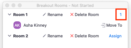 Screenshot showing "Assign" replaced with a number to indicate number of participants already added to Breakout Room