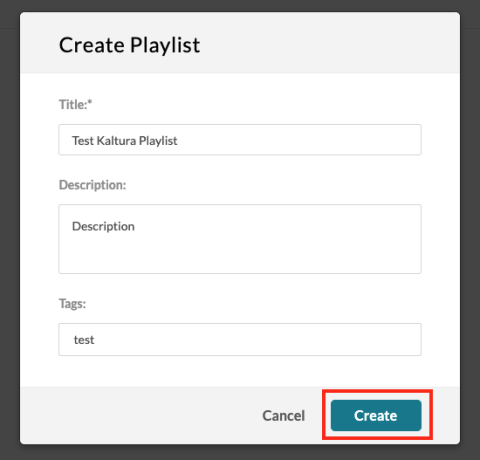 Screenshot showing the create playlist window for entering title, description, and tags for playlist