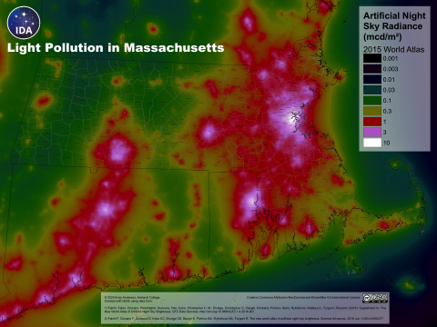 A map of light pollution, showing its large presence in eastern Massachusetts and its movement up the Connecticut River valley.