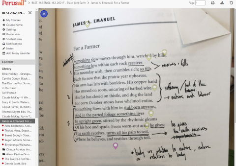 Example of student annotations in Perusall of sonnet "For a Farmer" by James A. Emanuel