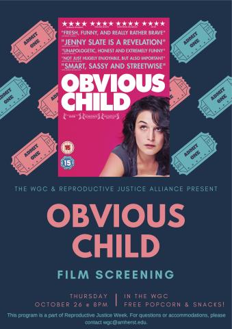 Text reads "Obvious child film screening." On the poster is an image of the hot pink movie poster, with Jenny Slate in the corner.
