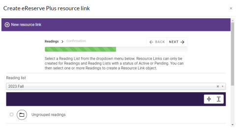 Screenshot of the eReserve Plus Moodle plug-in for adding a reading