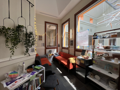 View of inside the center. Two orange sofas facing each other. hanging potted plants. Christmas lights. Sunlight streaming over bookcase.
