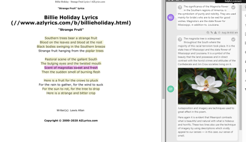 Example of Perusall comments on lyrics for "Strange Fruit" by Billie Holiday