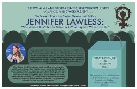 (Image description: Teal background poster with the above text. In top right corner is women symbol made out of roots and trees with a fist in the middle. In center right is a blue podium with the time and date on it. Left of the text is a picture of Jenn