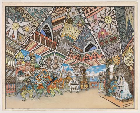 This depicts a room with an ornate ceiling and walls and a handful of people in it.