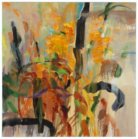 This work features layers of brushstrokes in oranges, yellows, reds, greens and blacks.