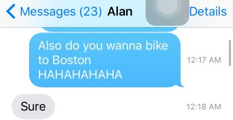"Also do you wanna bike to Boston" "Sure"