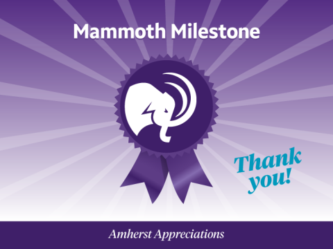 Mammoth Milestone. Purple medal with ribbon and the Amherst Mammoth head logo in a circle on the medal.
