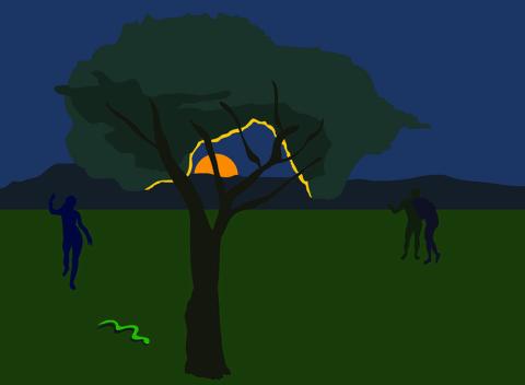 Illustration of silhouetted tree and three human figures against dark blue and green backdrop