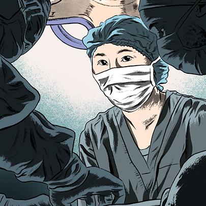 An illustration of a masked nurse in an operating room