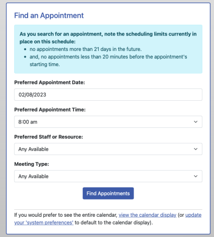 Box with title "Find an Appointment" at top, search fields under, and blue button "find appointments" at bottom
