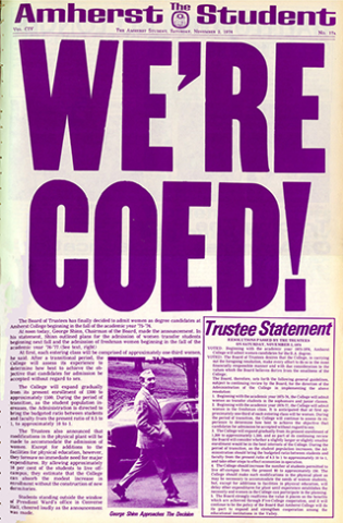 Newspaper cover with giant headline, We're Coed!