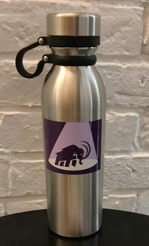 Steel water bottle emblazoned with a mammoth in a spotlight