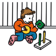 An illustration of a child sitting and playing with toys