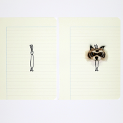 Two pieces of paper with a drawing of a person and the head of a raccoon