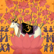 An illustration of a cow surrounded by flowers