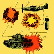 An illustration of a plane, tank, bomb and explosion