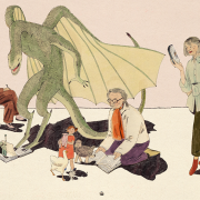 An illustration of people sitting around a dragon