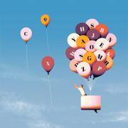 An illustration of a hot air balloon with letters on the balloons