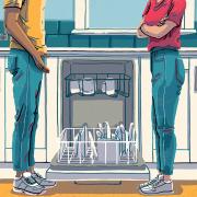 An illustration of two people in a kitchen standing in front of an open dishwater