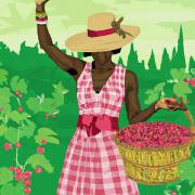 An illustration of a Black woman in a pink sundress holding a basket and raising an arm in the air