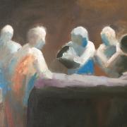 A painting of faceless figures hovering over a dead body wrapped in cloth
