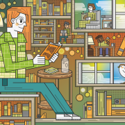 An illustration of a person reading in a bookshop