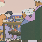 An illustration of two people reading and studying at a desk