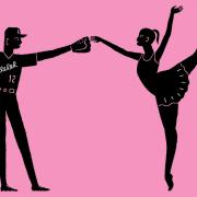 Black silhouettes of a dancer and a baseball player against a pink background