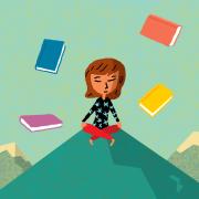 An illustration of a woman doing a yoga pose on a mountaintop surrounded by floating books