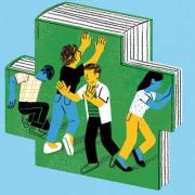Illustration showing four people trapped inside of a book, pushing to get out