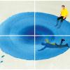 watercolor illustration in 4 panels; man diving into blue pool